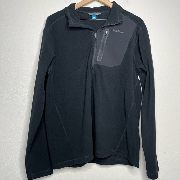 Eddie Bauer Men Cloud Layer‎ Pro 1/4-Zip Pullover Sweater Large Black Zip Pocket - Picture 1 of 13